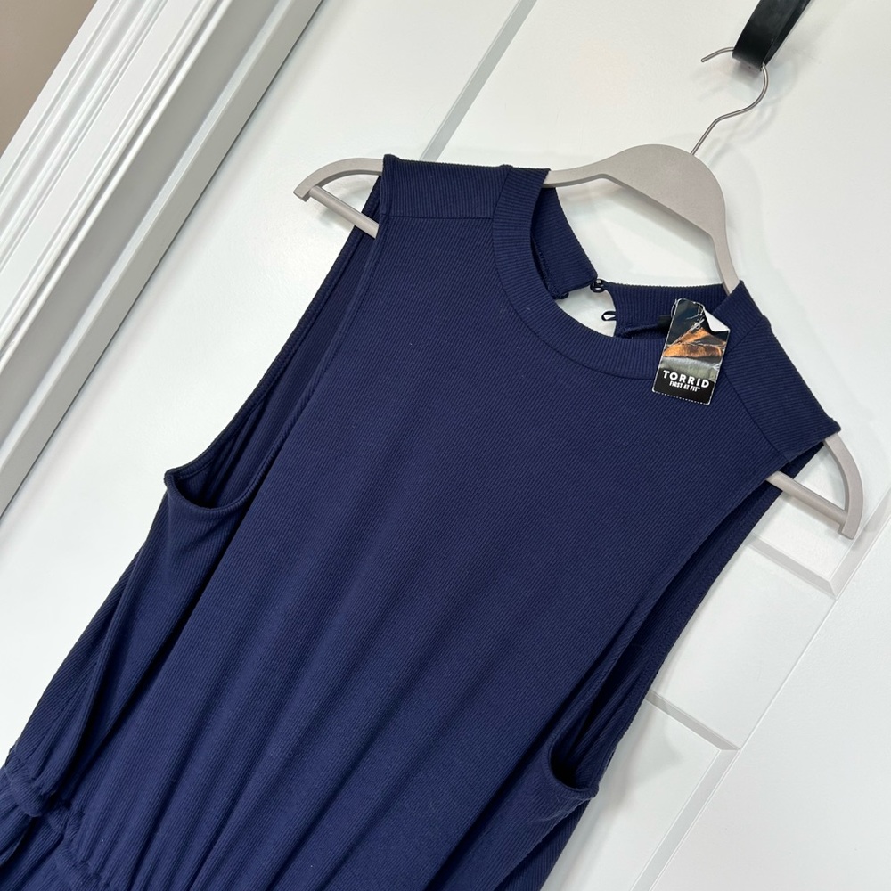 Torrid Navy Ribbed Mock Neck Drawing Jumpsuit - Picture 3 of 10